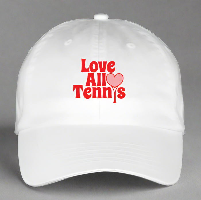 White cap with red text 'Love All Tennis' on a gray background