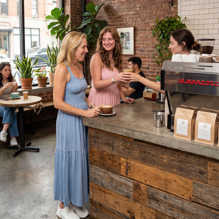 Woman in a blue dress receiving a coffee from a barista in a cozy cafe.