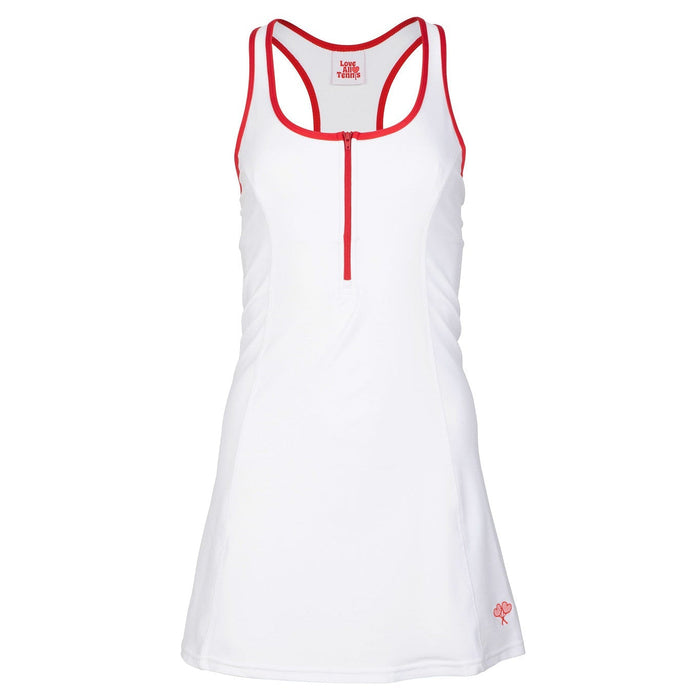 White tank dress with red accents on a white background
