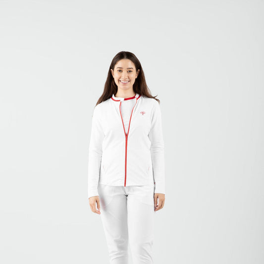 Person wearing a white outfit with red accents on a white background