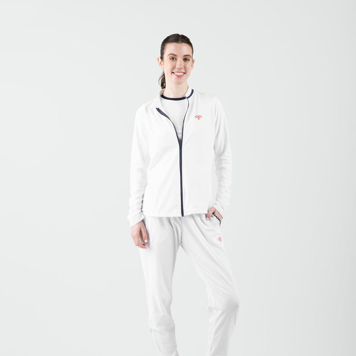Person wearing a white outfit with a logo on a light gray background