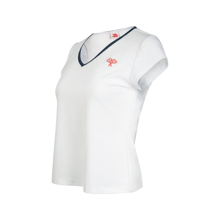 White top with a small logo on a white background