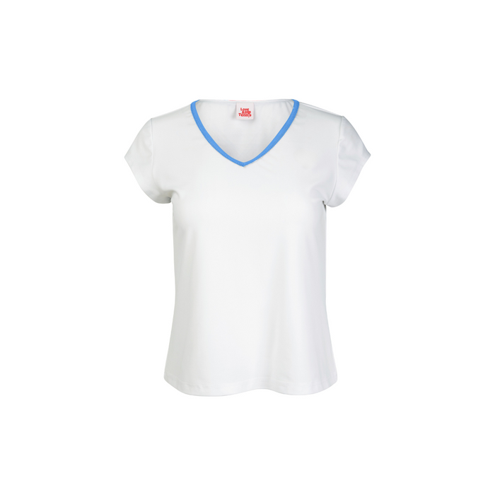 White t-shirt with blue trim on a white background