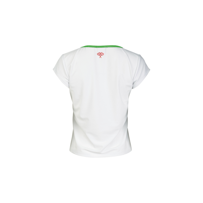 White t-shirt with a small logo on the chest against a white background