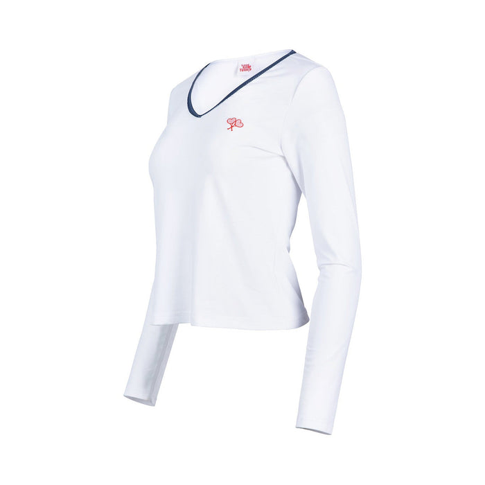 White long-sleeve shirt with a logo on a white background