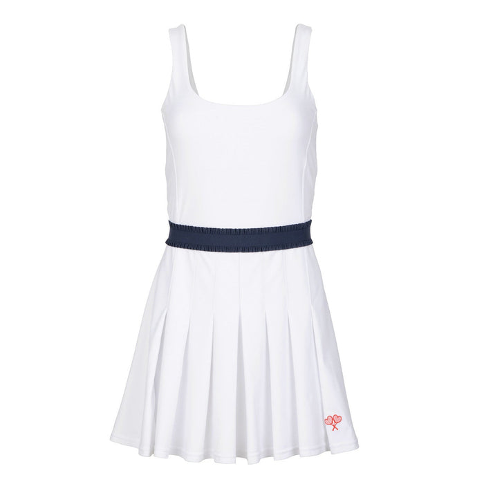 White dress with a navy belt on a white background