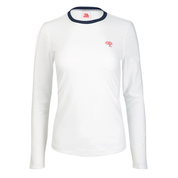 White long sleeve tennis top with navy collar piping on flat white background