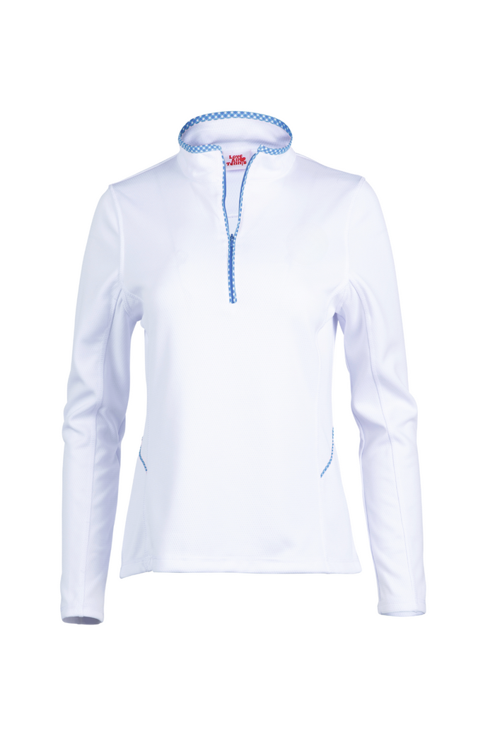 White long-sleeve shirt with blue accents on a white background