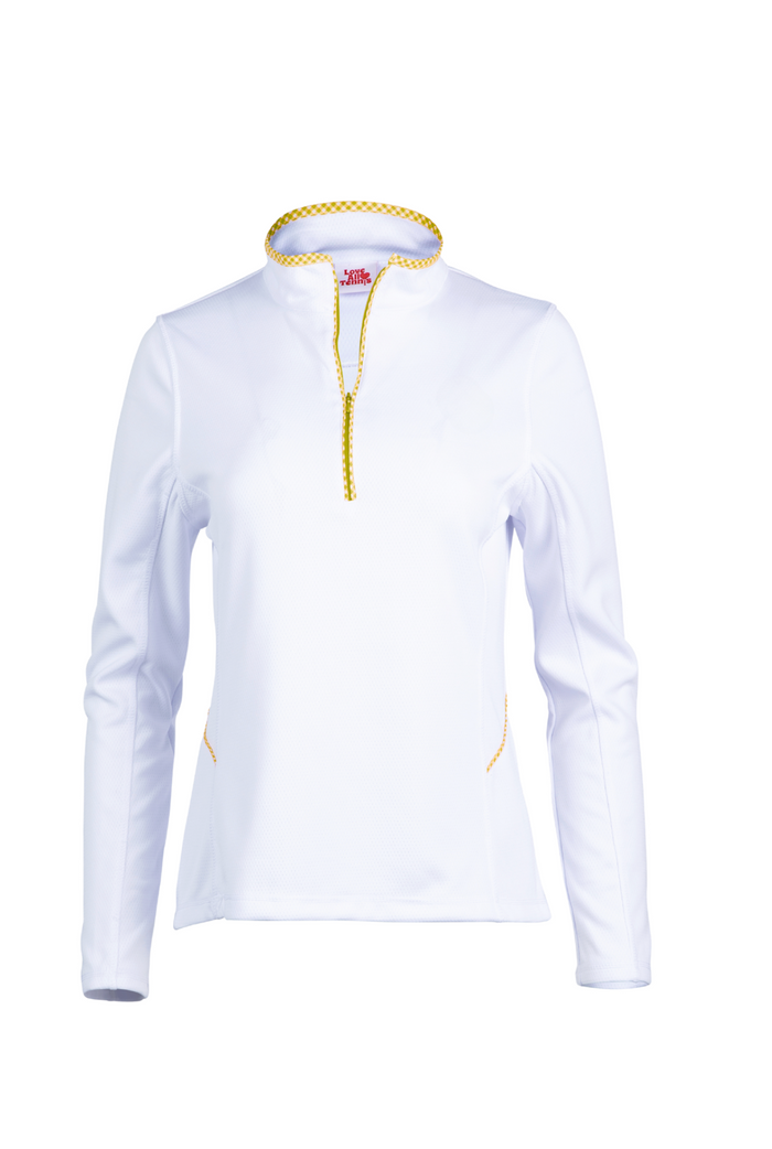 White long-sleeve shirt with yellow zipper on a white background