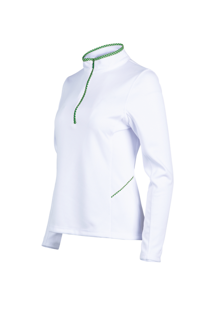 White long-sleeve shirt with green trim on a white background
