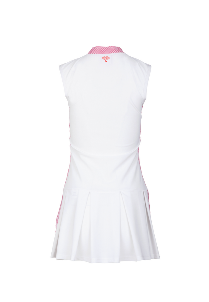 White sleeveless dress with pink accents on a white background