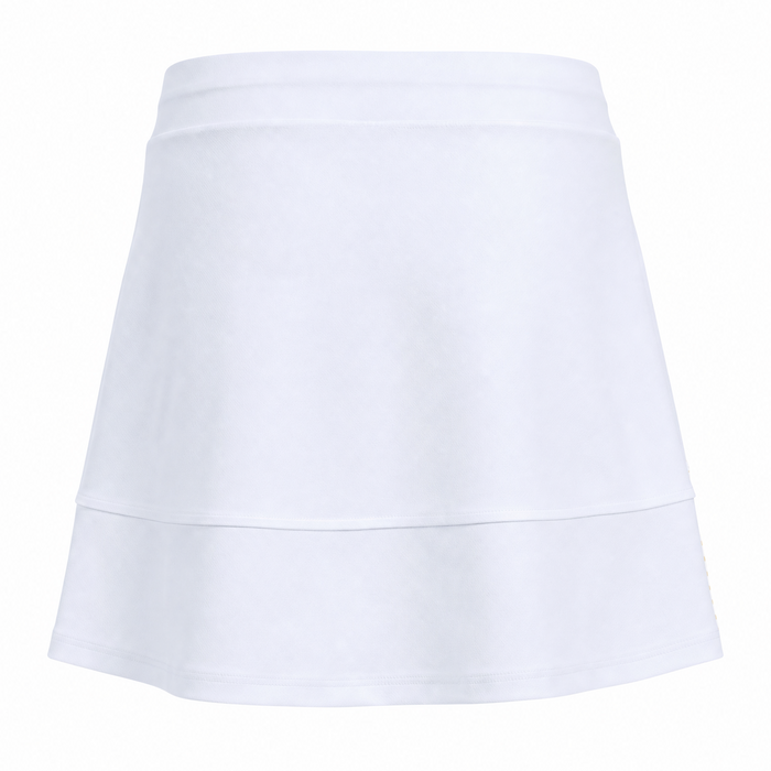 A white athletic mini skirt with a flared A-line silhouette, featuring a wide waistband and a horizontal seam near the hem, shown against a plain white background.