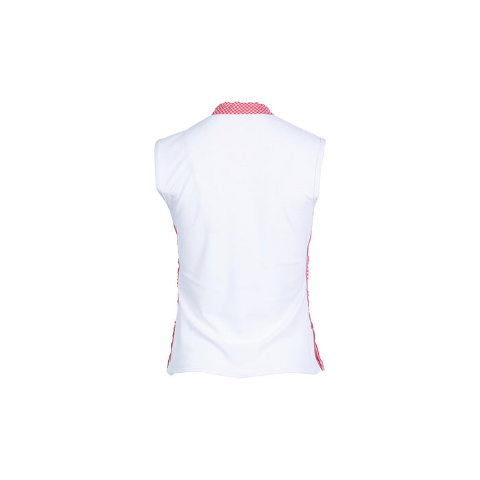 White sleeveless top with red accents on a white background