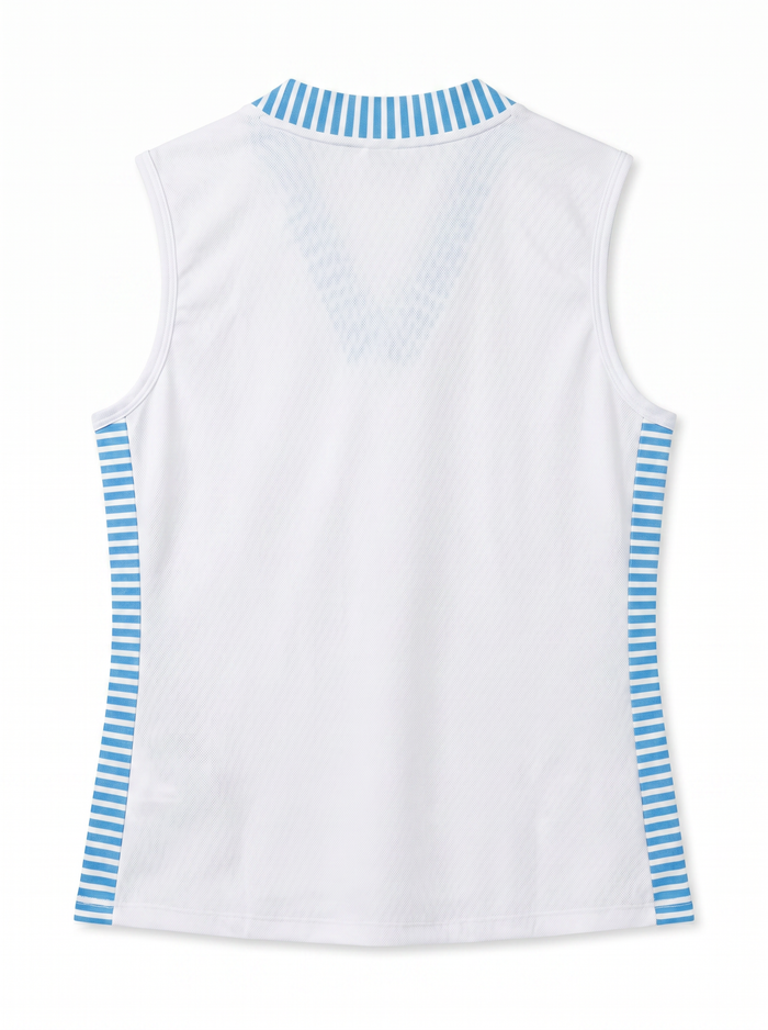 White sleeveless athletic tank top shown from the back, featuring light blue and white striped trim at the V-neck collar and along the side seams.
