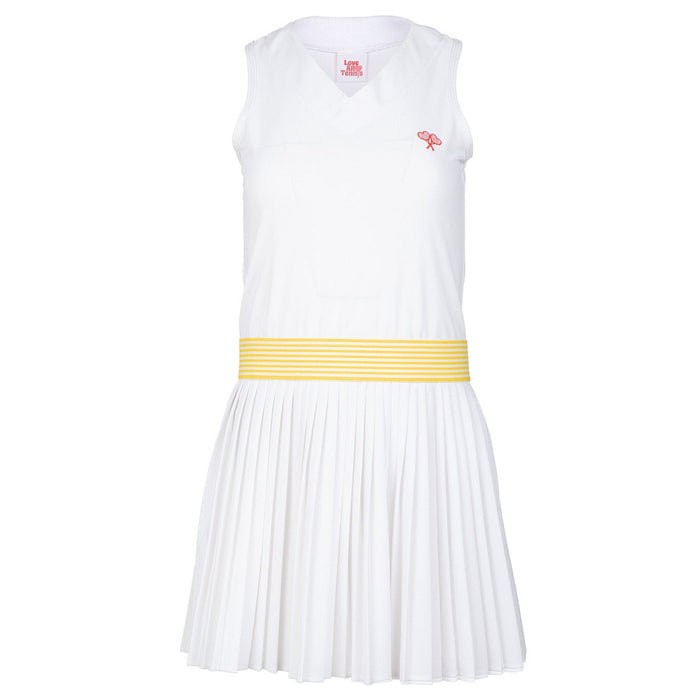 White dress with a yellow belt on a white background