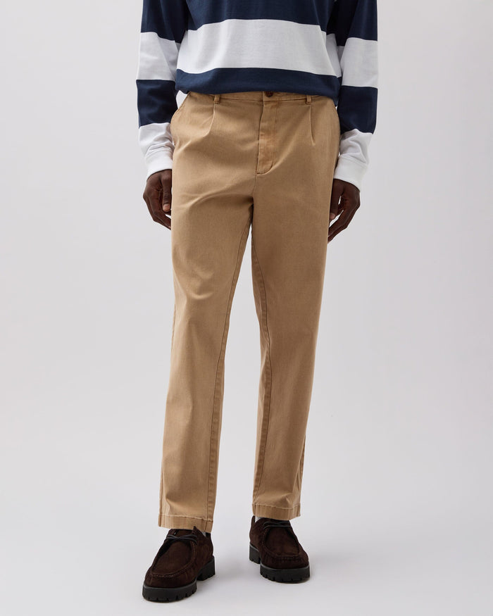 Mens Pleated Lightweight Chino - Stretch Cotton Twill - Khaki