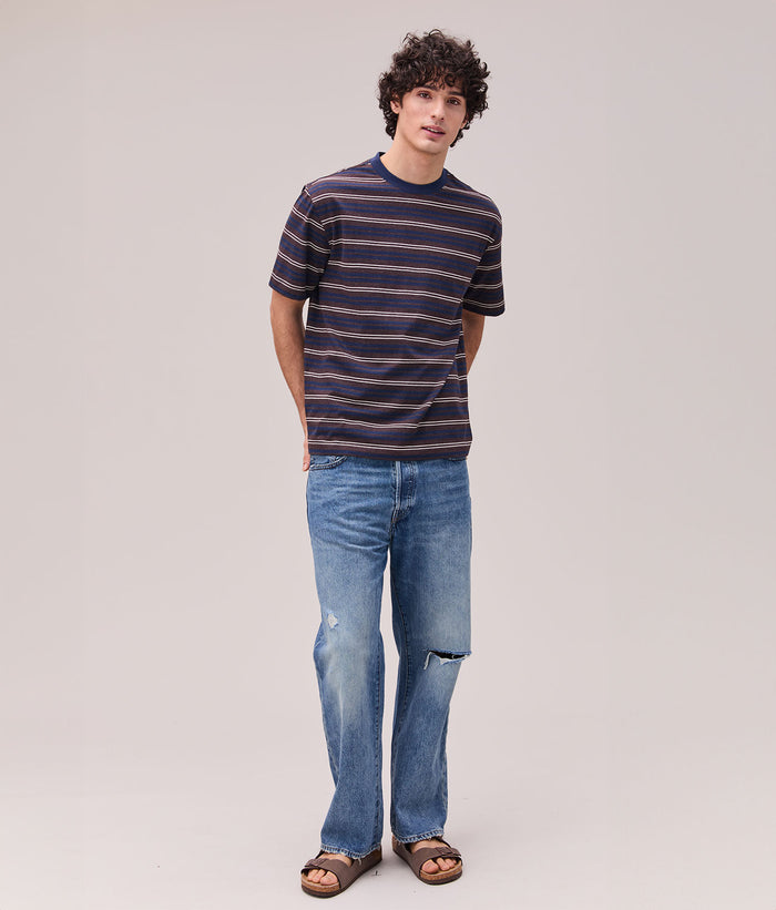 Mens Recycled Stripe Tee - Recycled Jersey - Brown Navy Stripe
