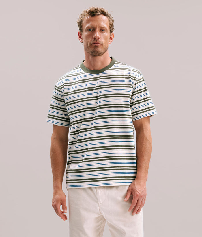 Mens Recycled Stripe Tee - Recycled Jersey - White/Surplus Stripe