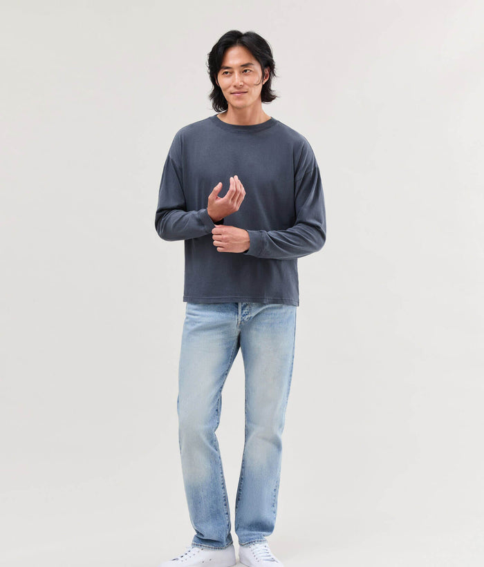 Mens Relaxed Long Sleeve Tee - Pigment Dye Jersey - Blue Steel #Blue Steel