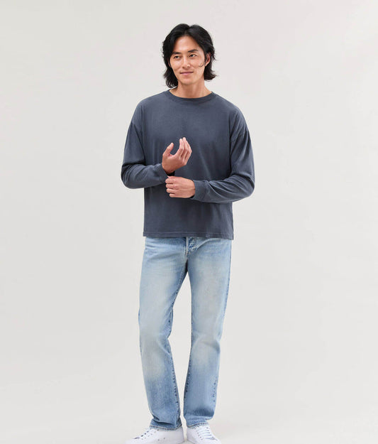 Mens Relaxed Long Sleeve Tee - Pigment Dye Jersey - Blue Steel #Blue Steel
