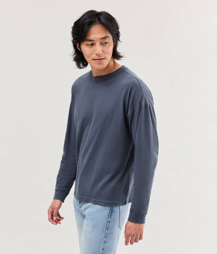 Mens Relaxed Long Sleeve Tee - Pigment Dye Jersey - Blue Steel #Blue Steel