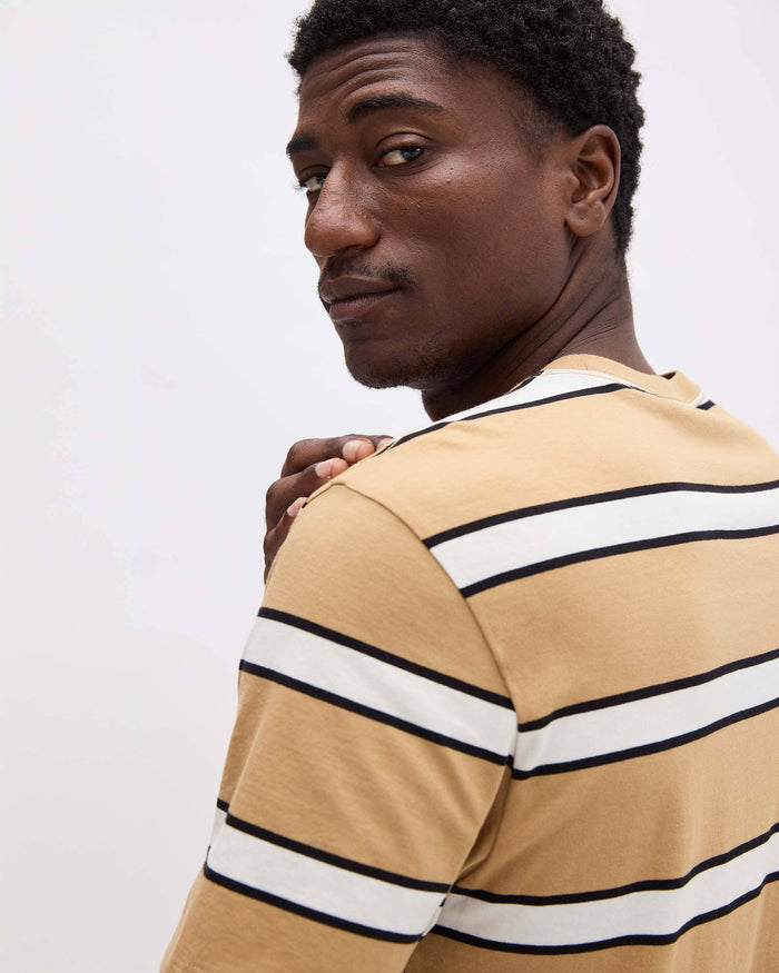 Mens Short Sleeve Stripe Pima Tee - Pima Cotton Jersey - Khaki Stripe