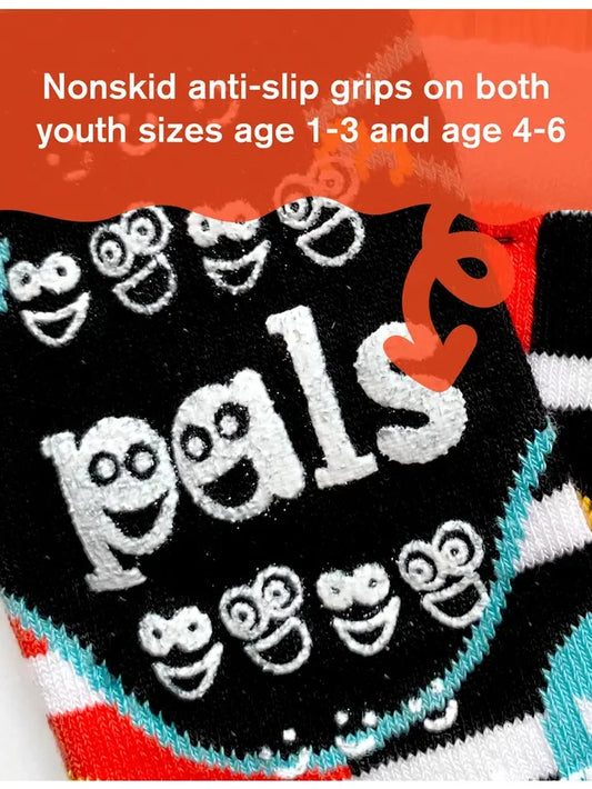 colourful mismatched kids socks with smiling milk carton and cheerful cookie design and non-slip grips