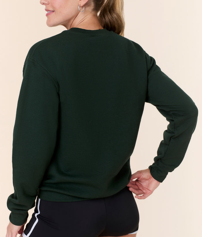 Back view of the Mindy Sweatshirt in forest green cotton by Andie Swim. Classic crewneck design for casual comfort