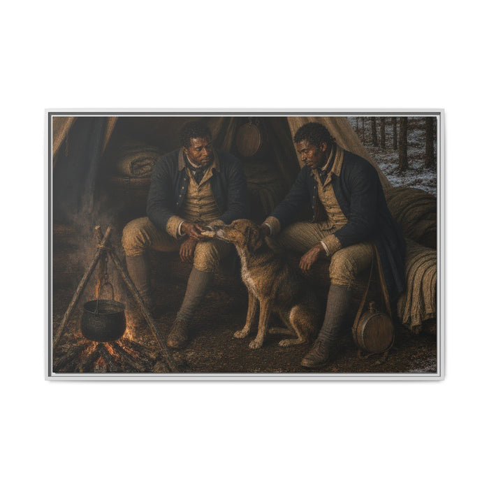 Museum-inspired framed canvas depicting two Black Continental soldiers in winter quarters during the American Revolution with a campfire and dog.