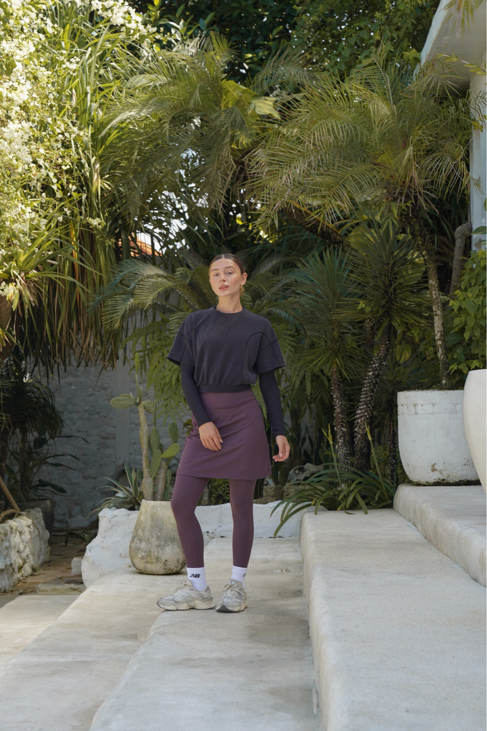 Modest sport skirt 18 inch with integrated legging in muted plum, designed for modest activewear and daily movement.