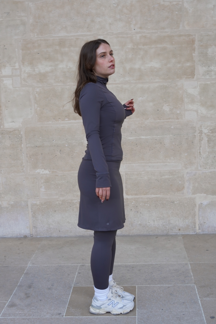 Charcoal gray modest activewear skirt, 20-inch length, ideal for yoga and fitness sessions.