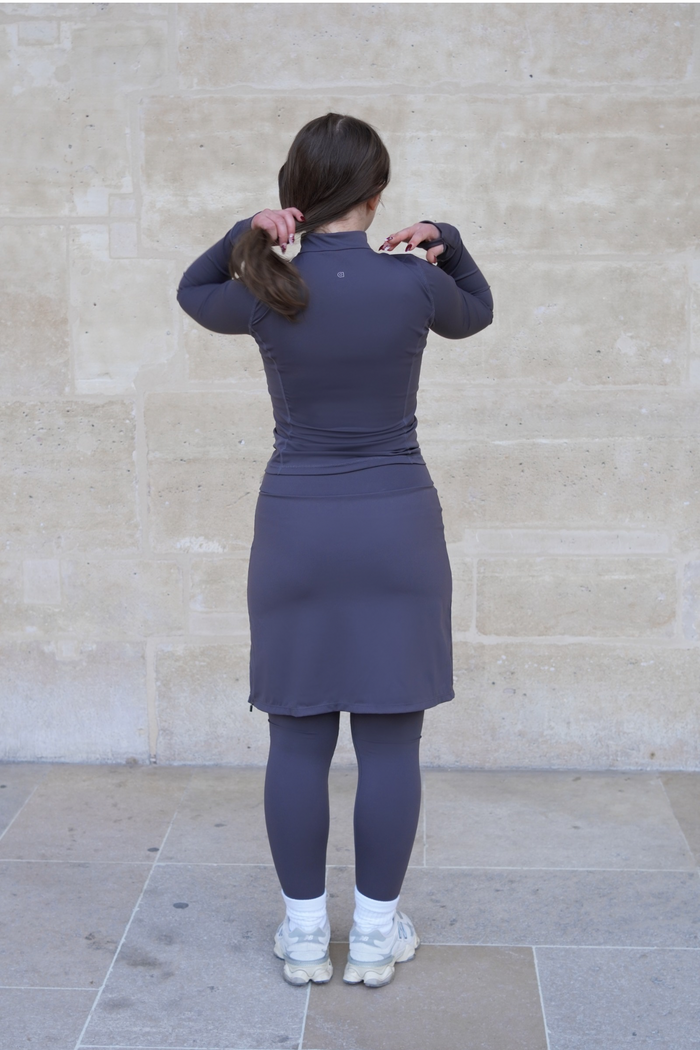 Charcoal modest sport skirt, 20-inch length, with breathable fabric for maximum comfort.