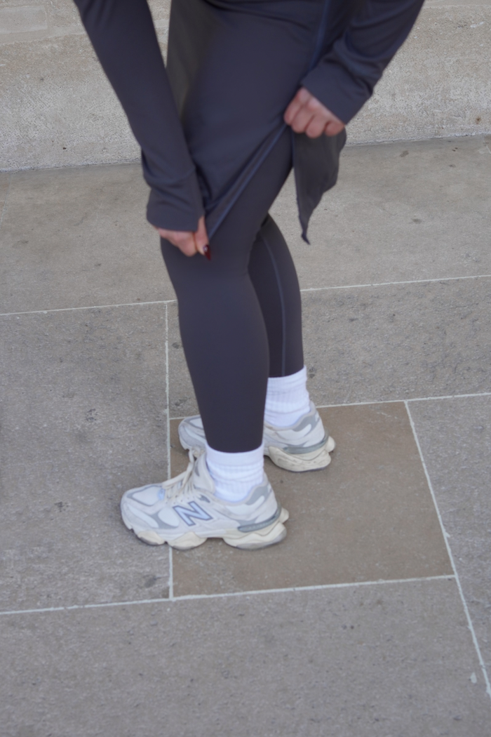 Stylish 20-inch modest activewear skirt in charcoal, combining functionality and elegance.