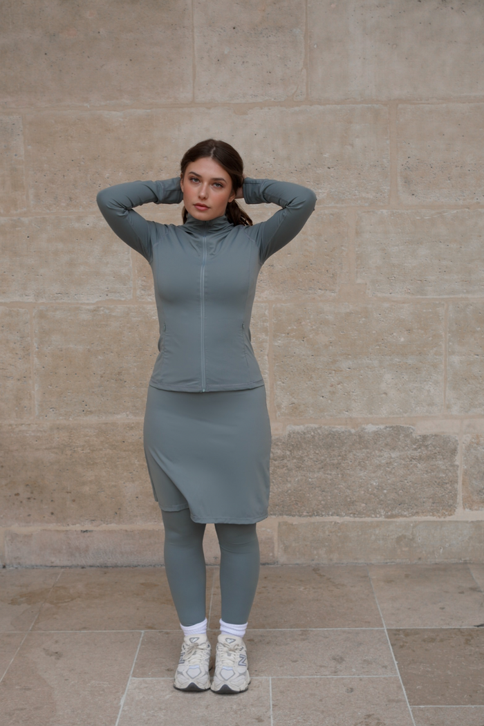 Front view of the 20-inch sage green modest sport skirt with integrated leggings, perfect for modest activewear and everyday wear.