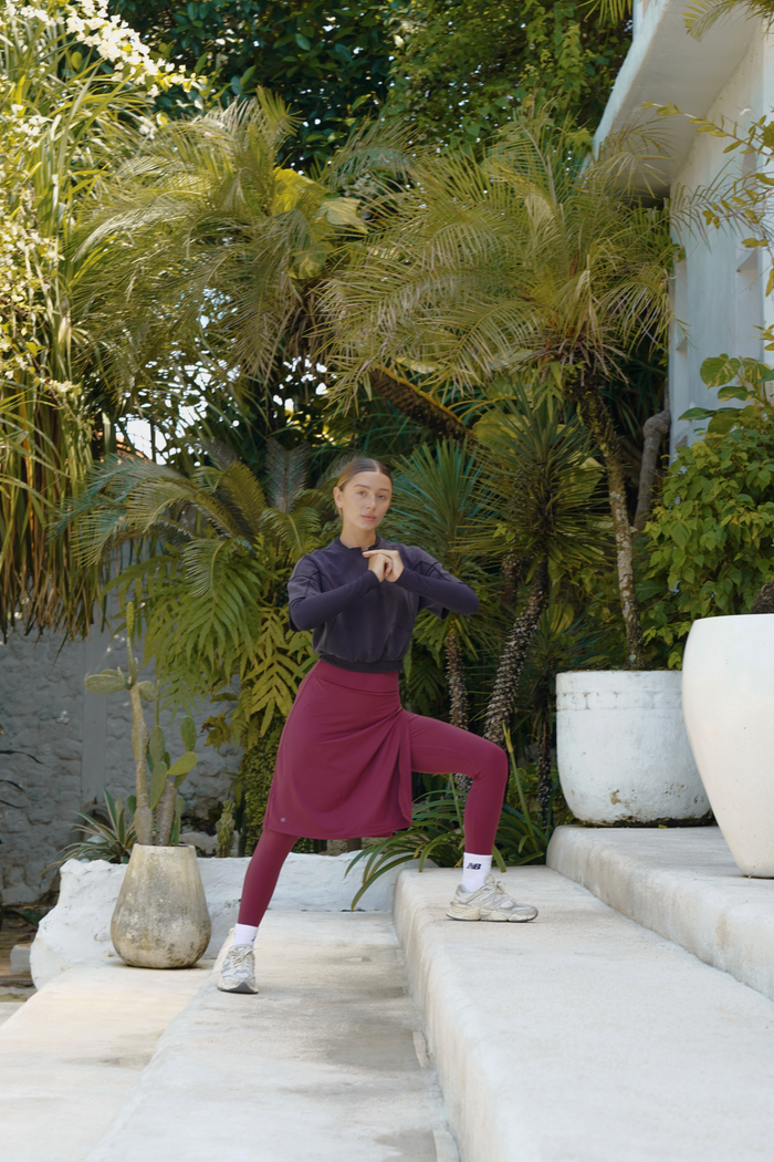 Modest athleisure skirt with integrated leggings for women looking for stylish and modest activewear.