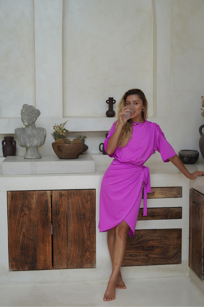 Modest Real Wrap Skirt Swimsuit in Fuchsia – Elegant & Adjustable Coverage