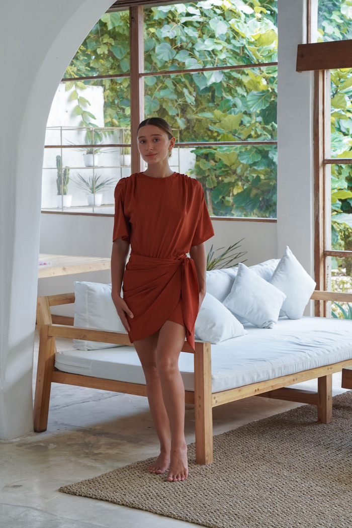 Full coverage clay Mona swim set paired with Tara skirt, elegant modest swimwear for women