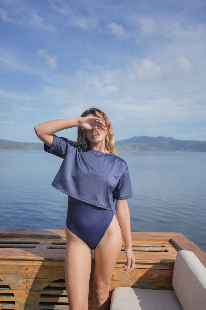 Naya Cropped Modest Swim Top in Navy Shinny – Lightweight sun-protective layer for modest swimwear sets