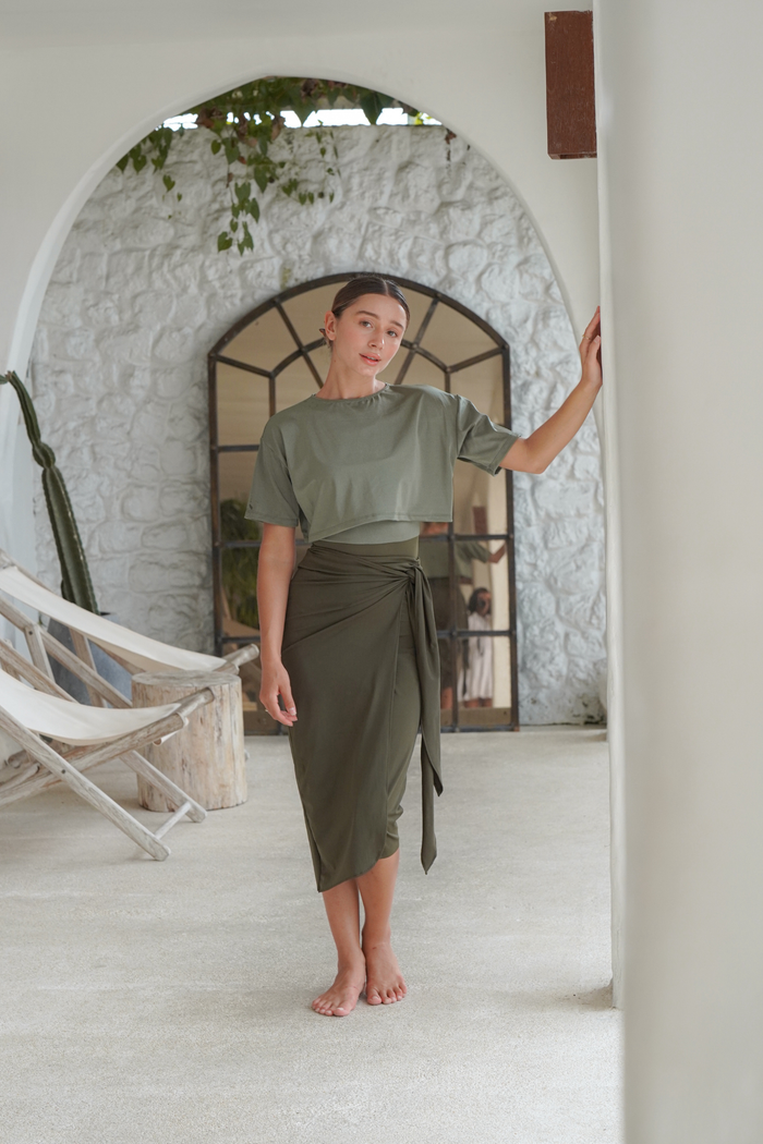 Full coverage khaky shiny Naya swim set paired with Elina skirt, modest swimsuit for women