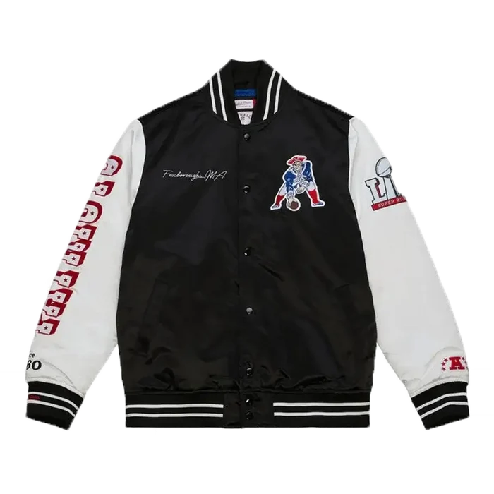New England Patriots Mitchell & Ness Team Origins Varsity Satin Jacket Black color