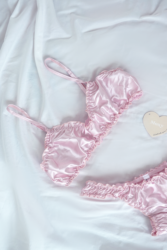 Pink Silk Ruffled Bralette Underwear Set