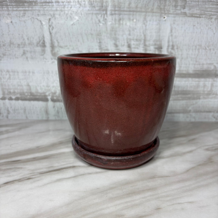 Red Glazed Ceramic Planter with Attached Saucer