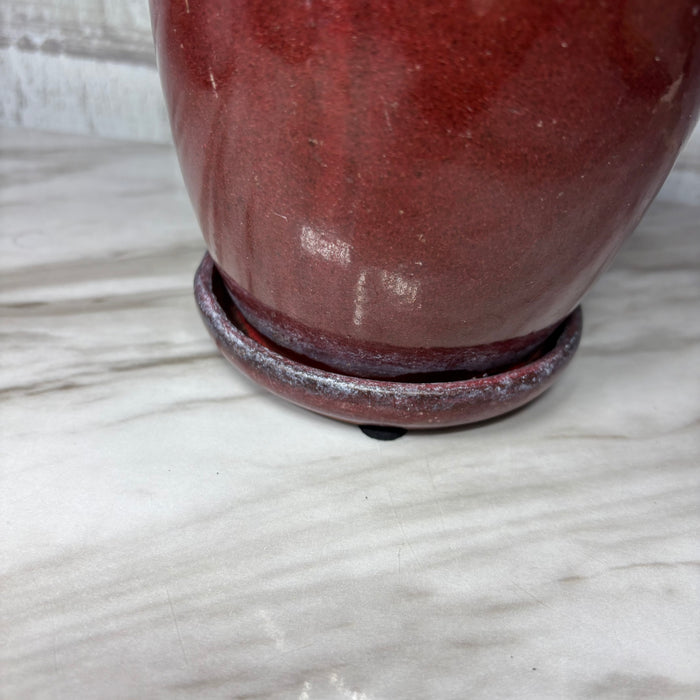 Red Glazed Ceramic Planter with Attached Saucer