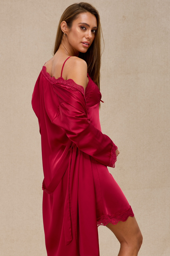 Red satin robe with wide sleeves and belt