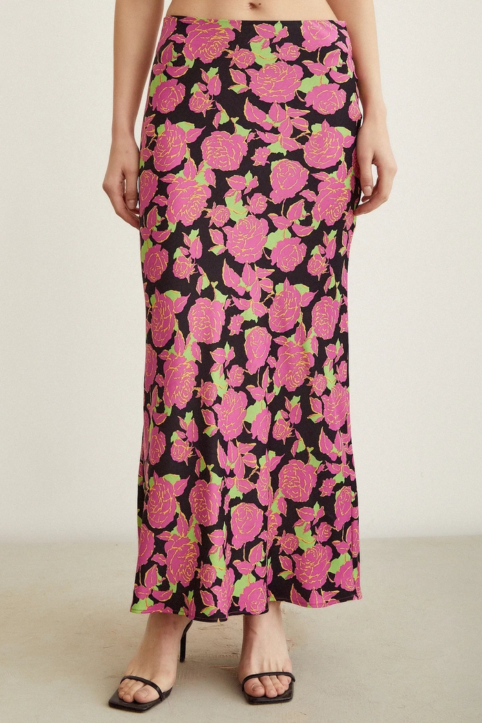 Close-up front view of the modest Satin Flared Skirt in Pink Floral print.