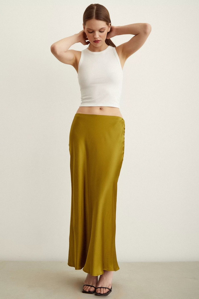 Close-up front view of the modest Satin Flared Skirt in Olive.