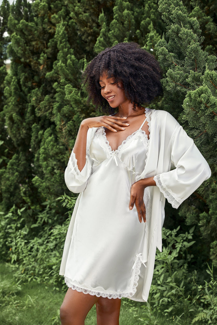 Lace Trim Slip and Robe Set-Moxy Intimates