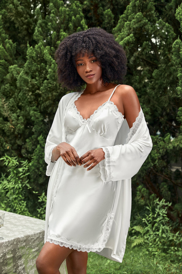 Lace Trim Slip and Robe Set-Moxy Intimates