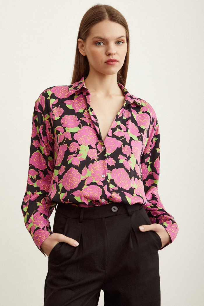 Modest Satin Shirt in Pink Floral print, tucked in for a polished look.