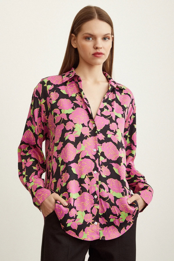 Front view of the modest Satin Shirt in Pink Floral print.
